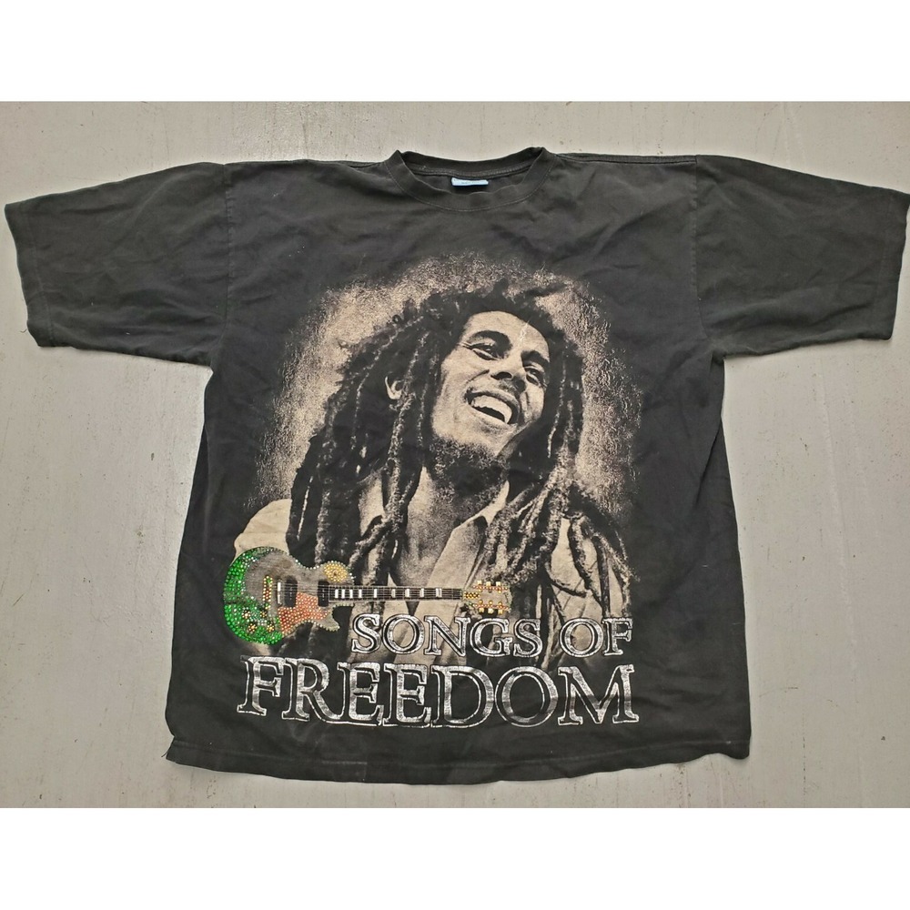 Russo Wear Bob Marley Songs of Freedom 2XL Bejeweled Bling Guitar Black Tshirt